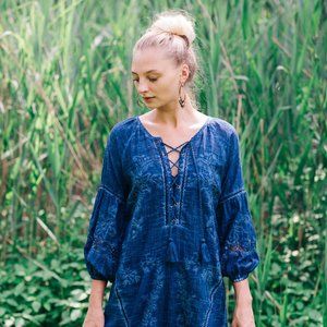 Lace Up Neckline Poet's Shirtdress- in Ocean Blue